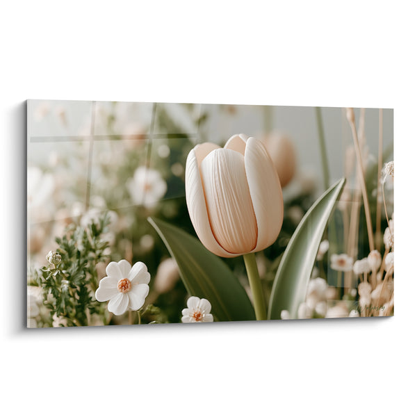Tableau Tulipe crème et verte parmi les fleurs blanches - Quadrillage vitré discret - Edition Tulipe