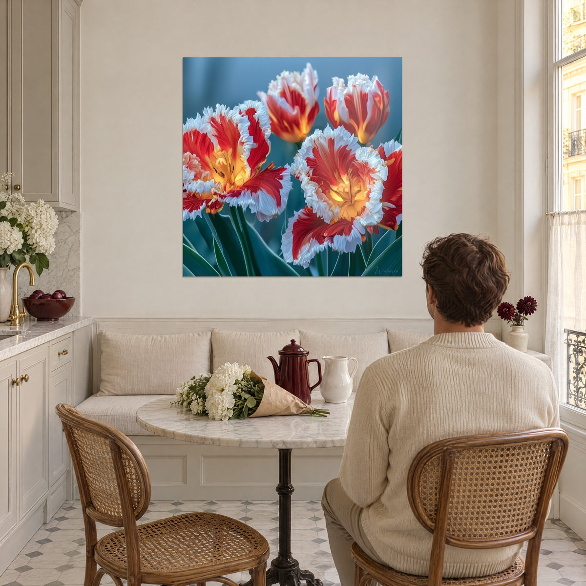 Wall art with carmine spring flowers edged in white and dark green foliage, facing a round table in a bright kitchen