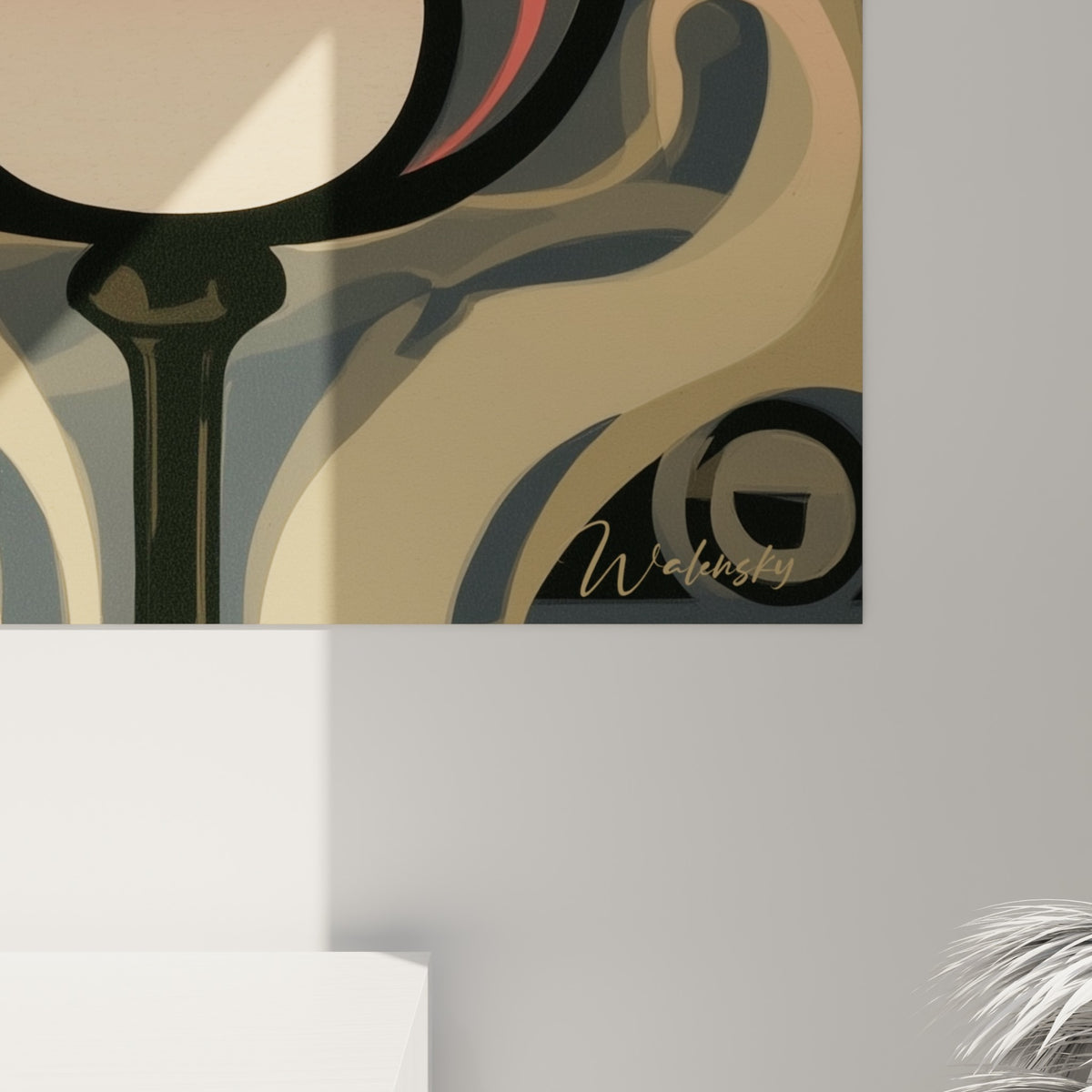 Détail des courbes dorées et du dégradé pêche vers corail sur la toile imprimée de la tulipe