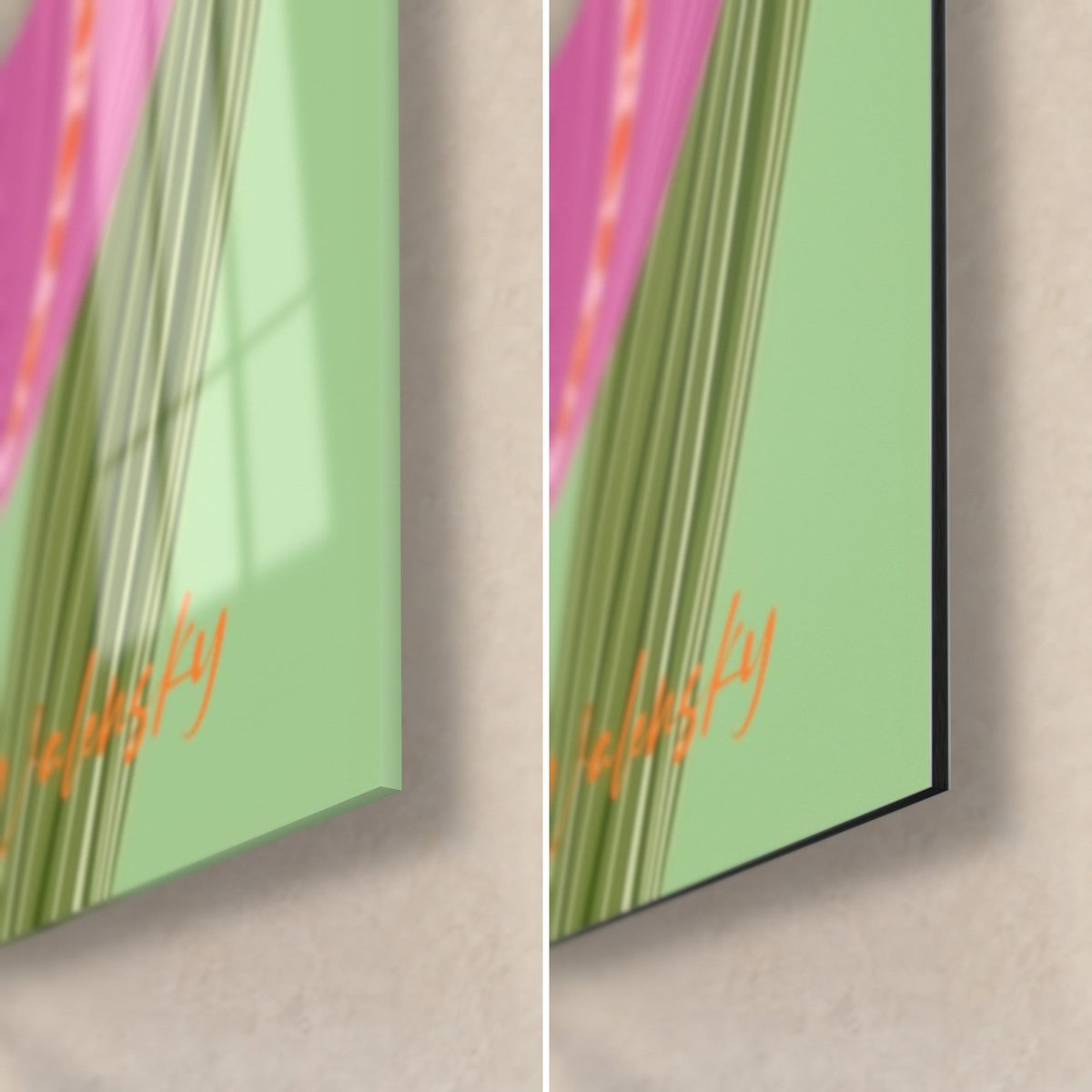 Schilderij met roze tulpen op een amandelgroene achtergrond, rechtsonder de hoek: glanzend acrylglas links, mat zwart Dibond-aluminium rechts, 3 mm rand