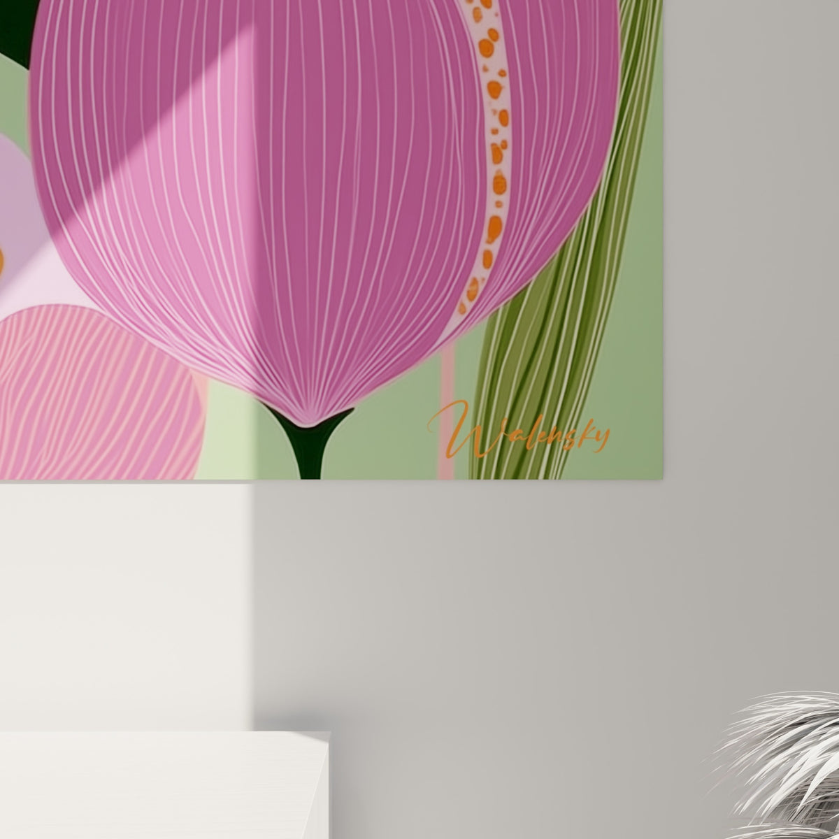 Détail des lignes fines et pointillés roses sur les pétales orange et fuchsia des tulipes graphiques