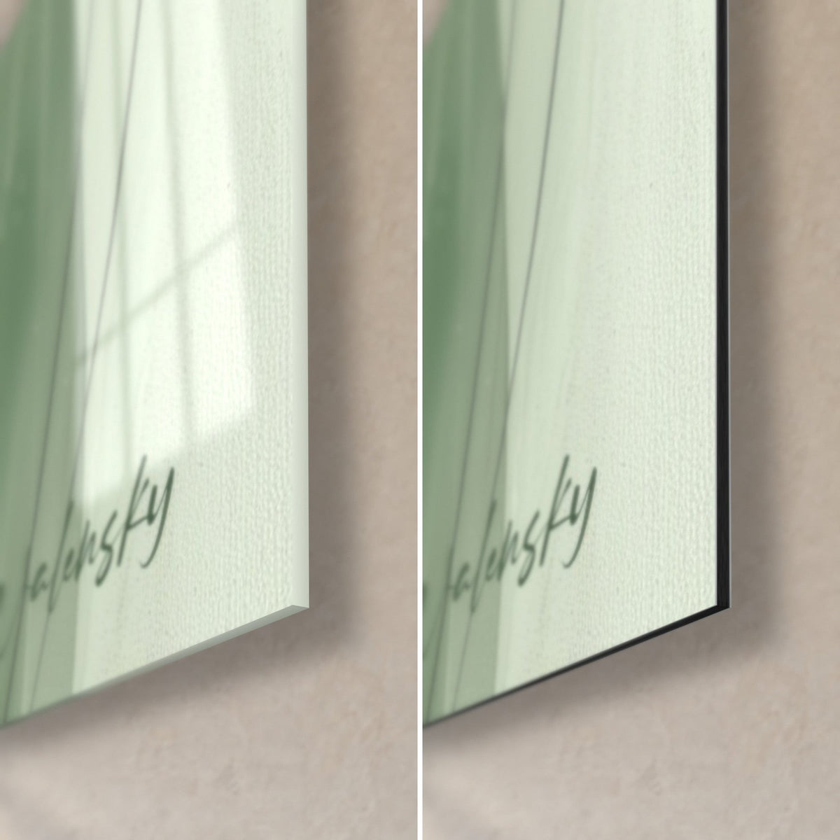 Tableau tulipe vert sauge, coin bas droit : verre acrylique brillant à gauche, Dibond noir mat à droite, signature Walensky