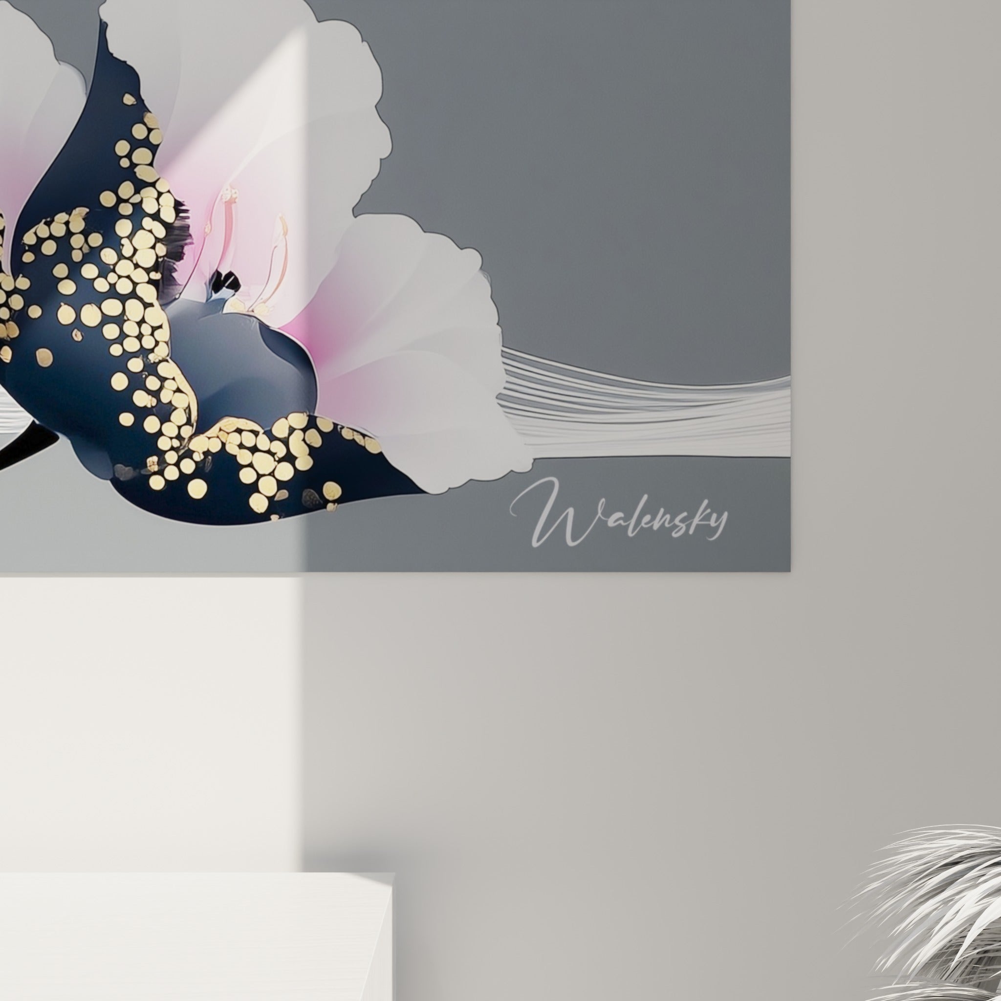Détail des mouchetures dorées et pétales blanc rosé sur le cœur noir d'une tulipe stylisée
