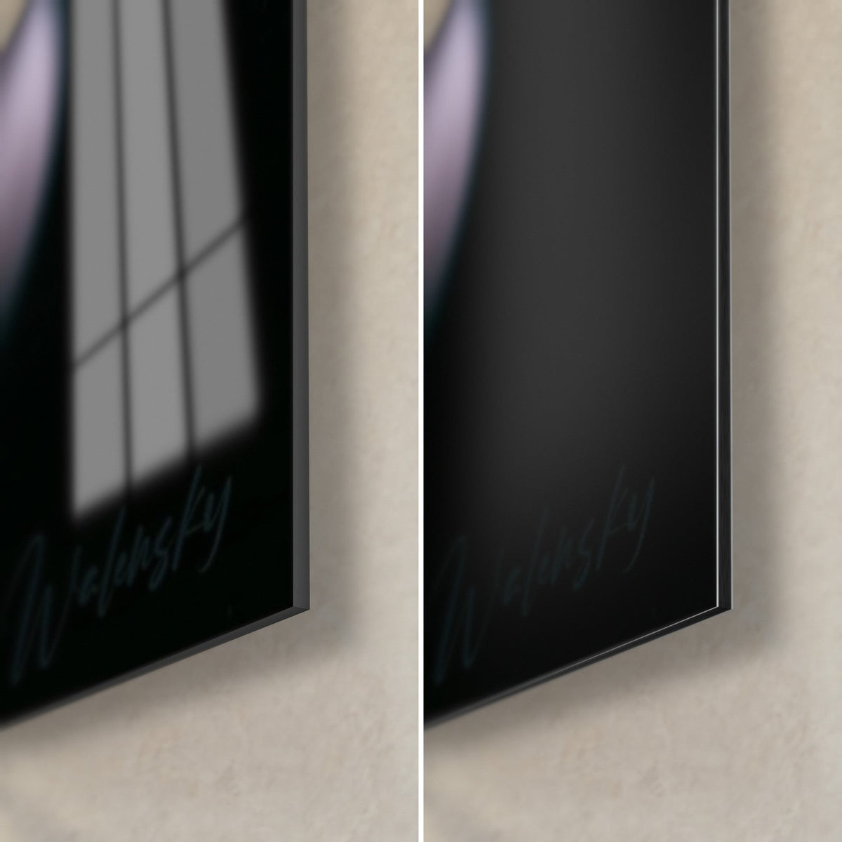 Tableau tulipe ivoire et rose, coin bas droit : verre acrylique brillant à reflets et Dibond noir mat, tranche de 3 mm