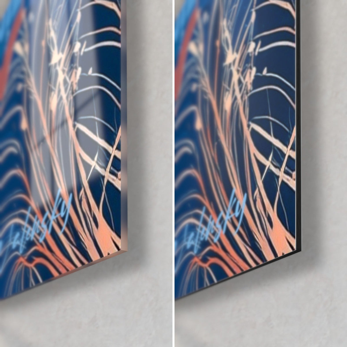 Tableau tulipes bleu marine veinées d'or, coin bas droit : verre acrylique brillant à gauche, Dibond mat à droite, tranche 3 mm