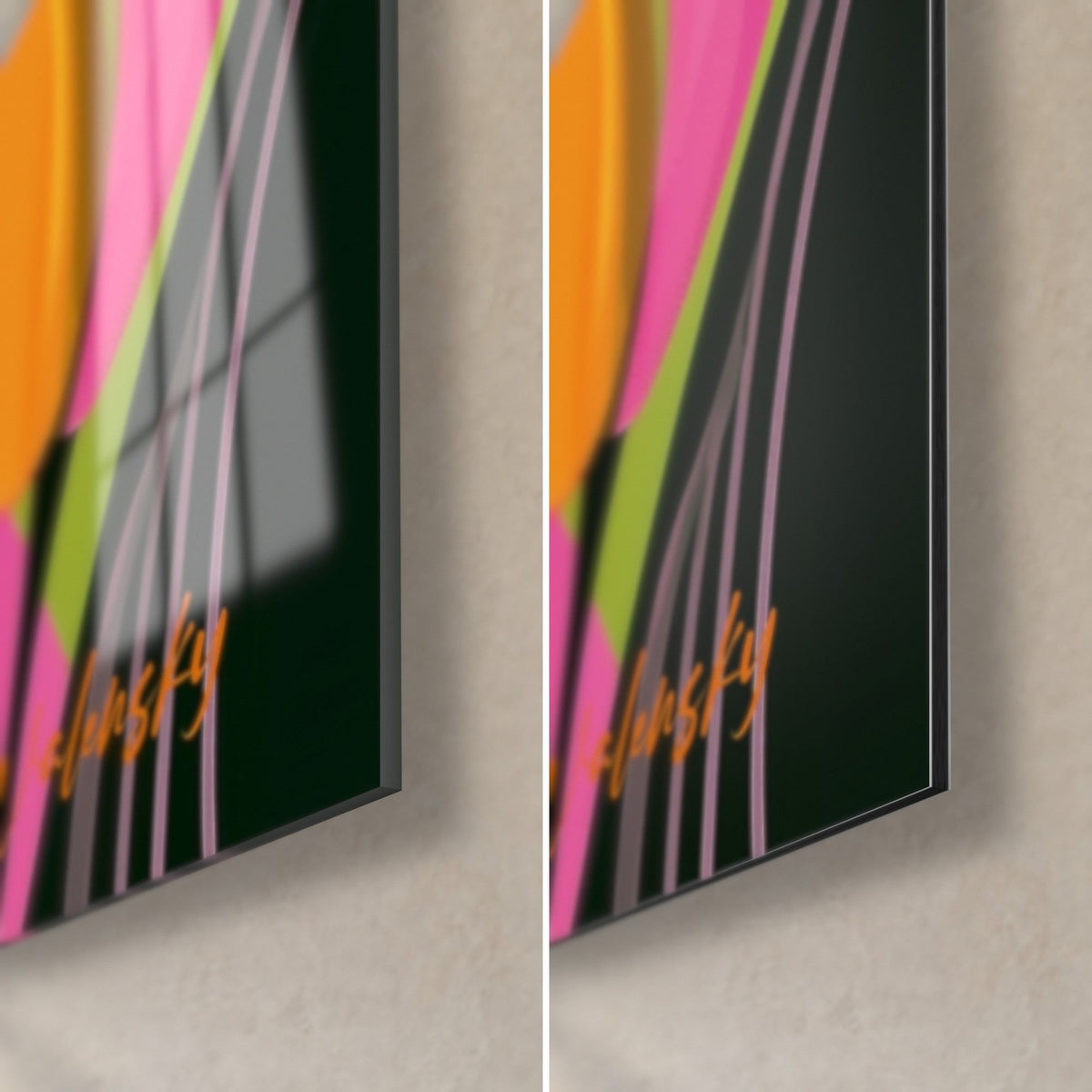 Tableau fleurs stylisées rose fuchsia, coin bas droit en verre brillant à reflets et Dibond mat, tranche de 3 mm visible