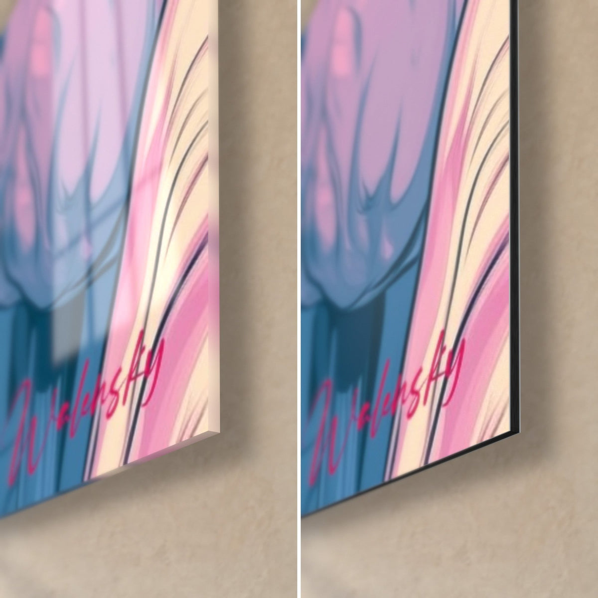 Wall art Red and pink tulip, bottom right corner: glossy acrylic glass with reflections on the left, matte black Dibond aluminium on the right, 3 mm edge