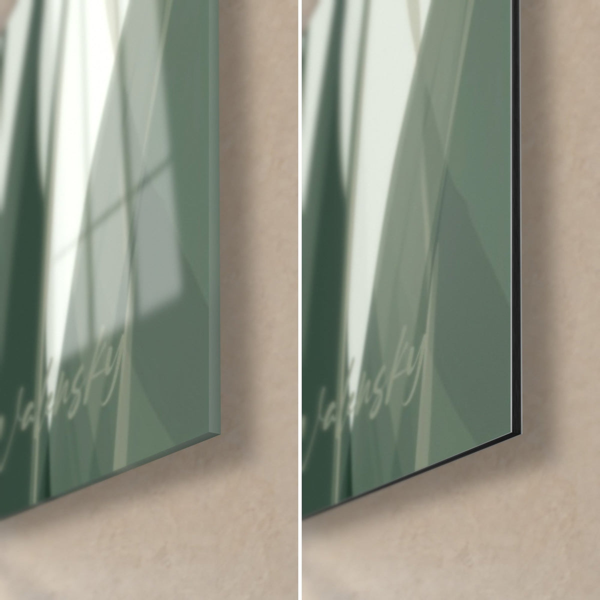 Schilderij met rode tulpen en saliegroen gebladerte, rechtsonder: glanzend glas met reflecties, mat zwart Dibond, rand van 3 mm