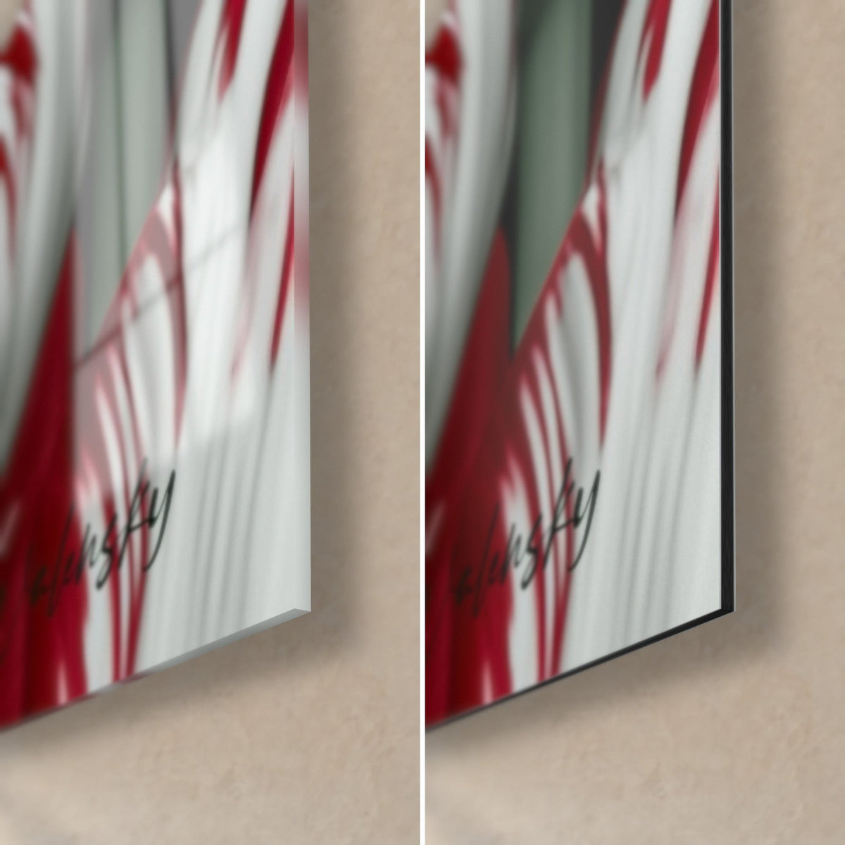 Tableau tulipes rouges et blanches, coin bas droit : verre acrylique brillant à gauche, Dibond noir mat à droite, tranche fine