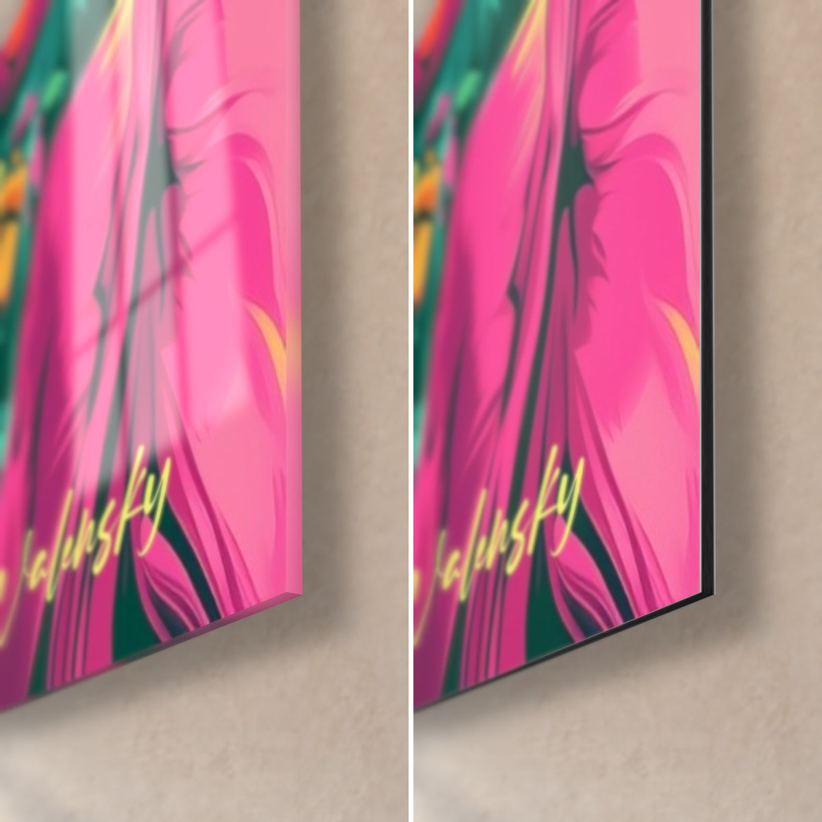 Tableau tulipe fuchsia aux pétales satinés, coin bas droit : verre acrylique brillant à gauche, alu Dibond mat à droite, tranche de 3 mm