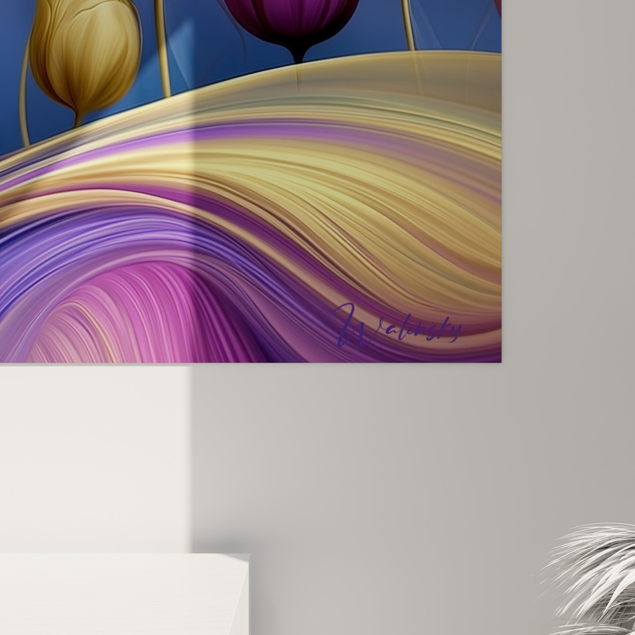 Détail des pétales dorés et des vagues violettes révélant la texture soyeuse de l'impression