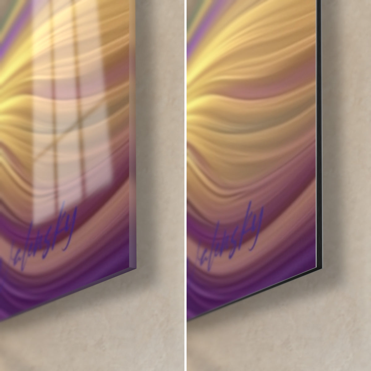 Tableau tulipes dorées et violettes, coin bas droit : verre acrylique brillant à gauche, Dibond mat à droite, tranche 3 mm