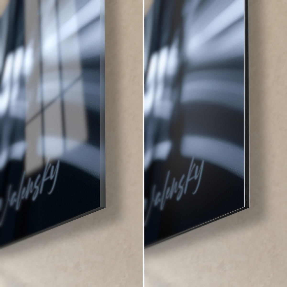 Wall art white flowers on a midnight blue background, lower right corner: glossy acrylic glass on the left, matte grey Dibond on the right, thin edge