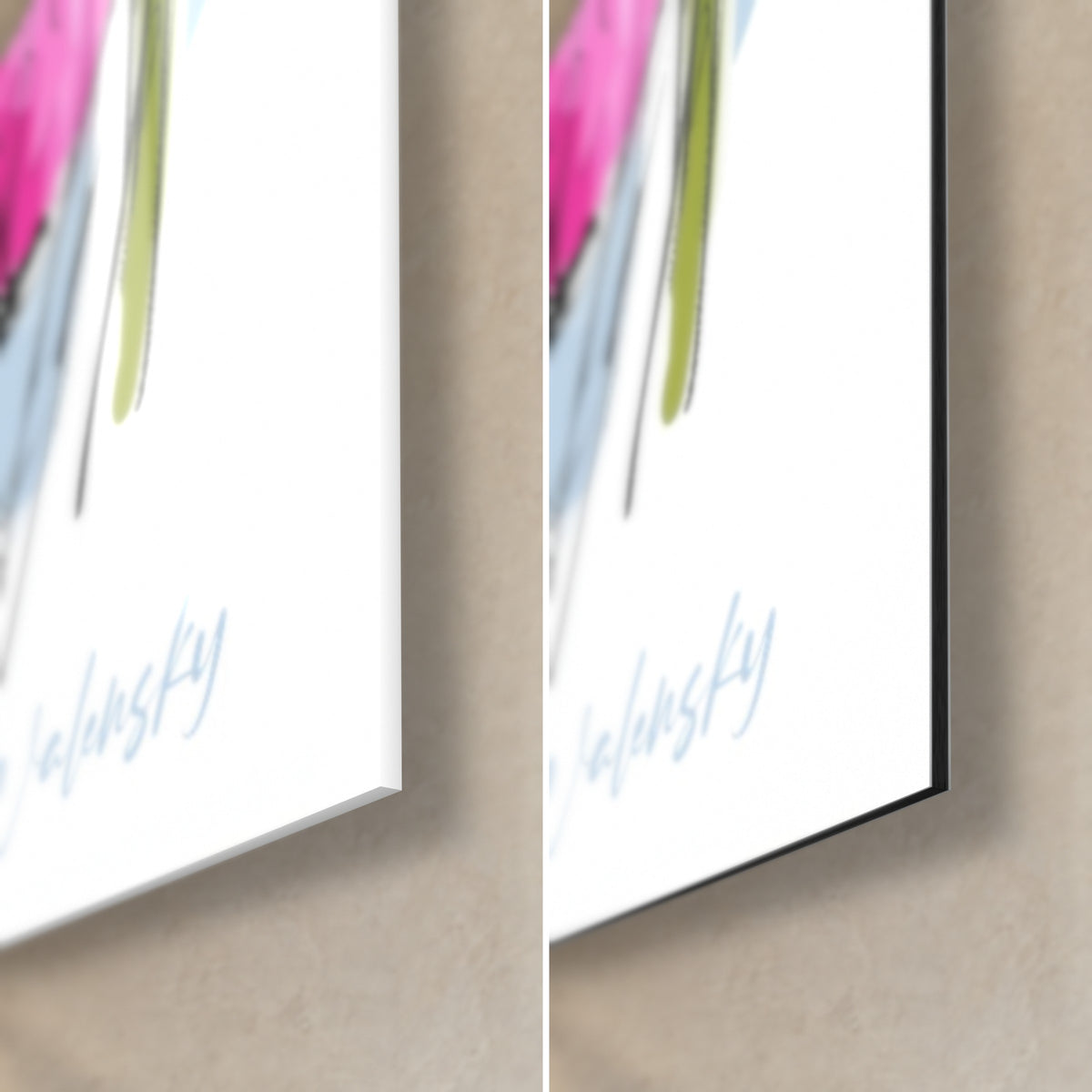 Tableau tulipes roses, coin bas droit : verre acrylique brillant à gauche, alu Dibond mat à droite, tranche noire de 3 mm