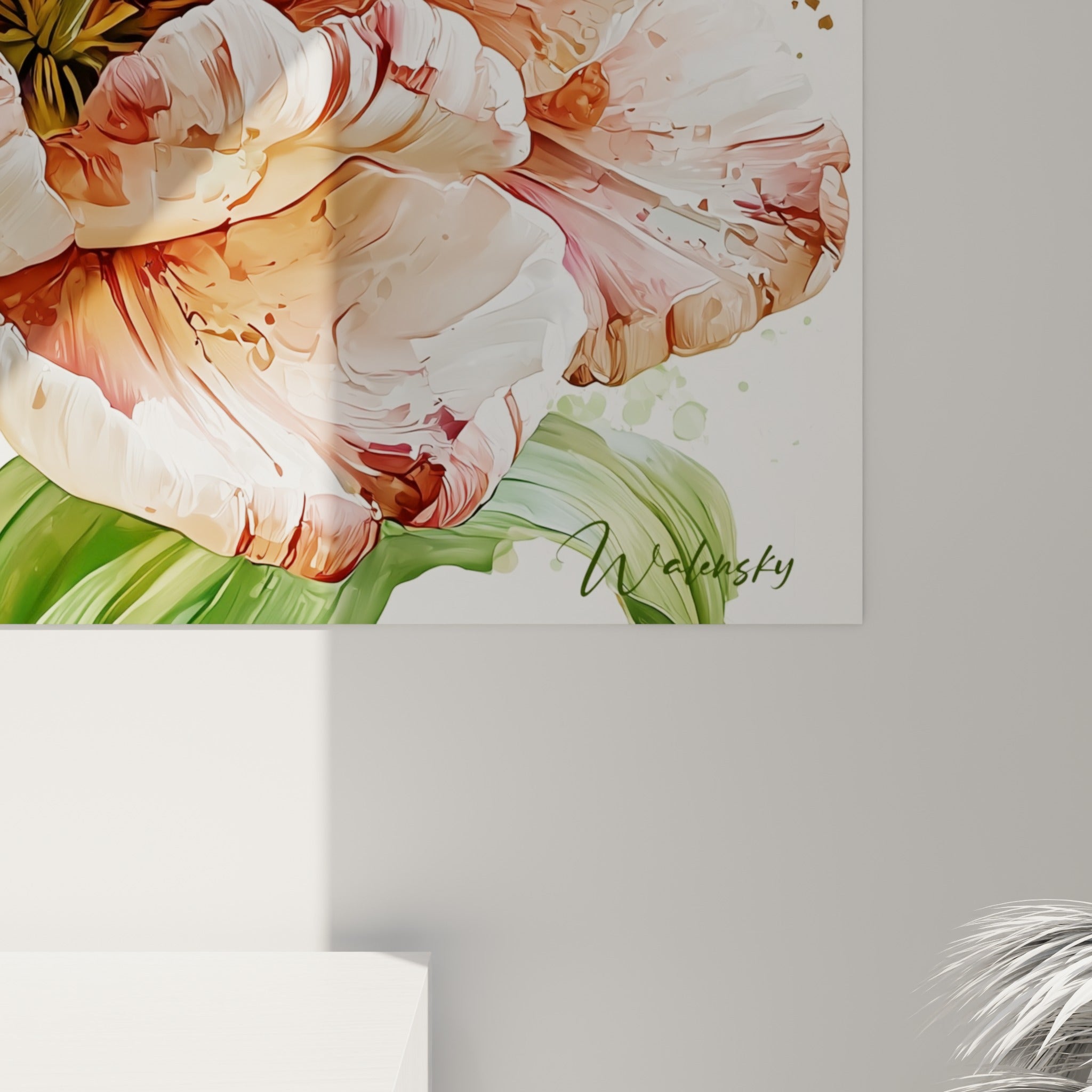 Détail des pétales de tulipe montrant les veinures rouges et la texture aquarelle du corail