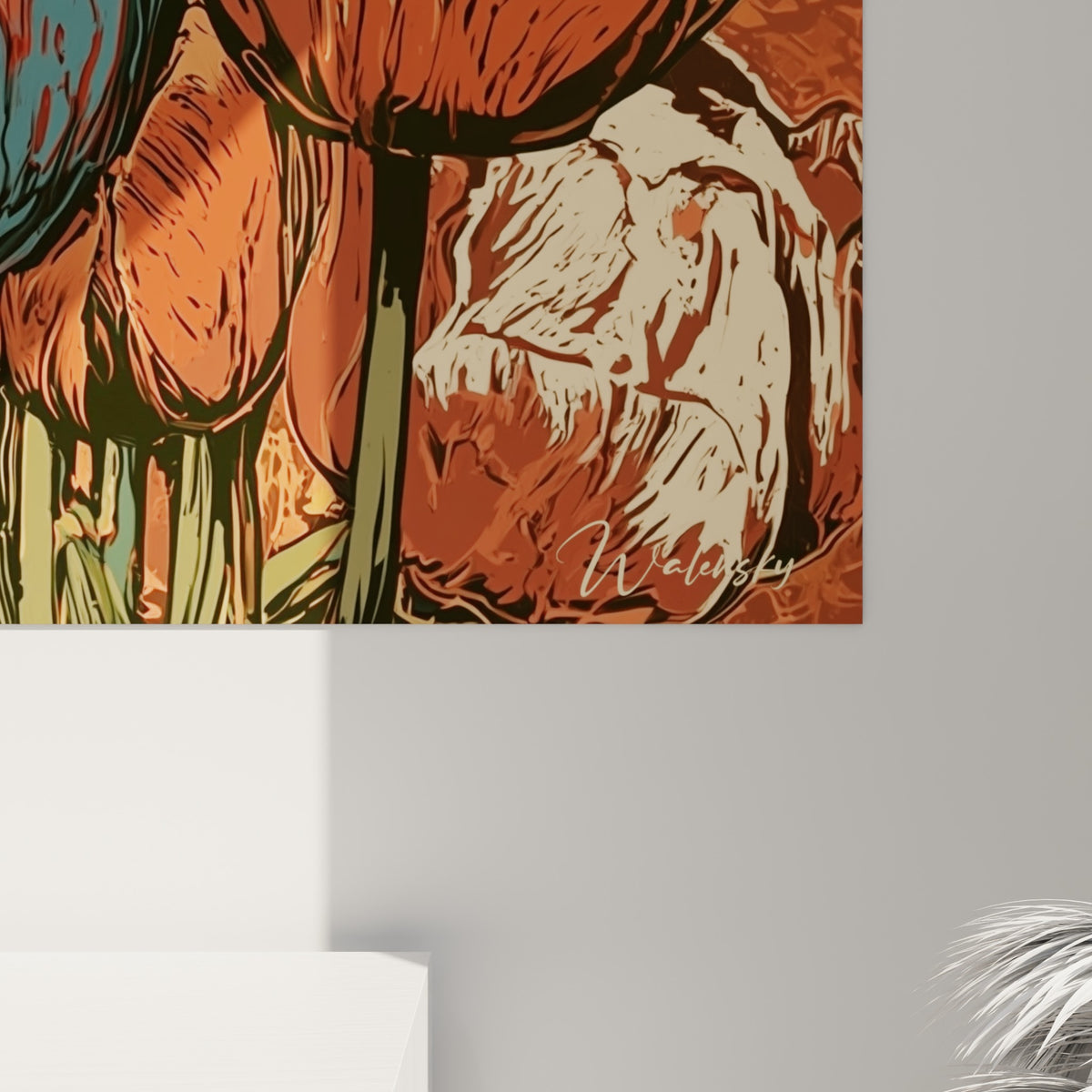 Détail des pétales de tulipes gravés, nervures terracotta et touches bleu pétrole entremêlées