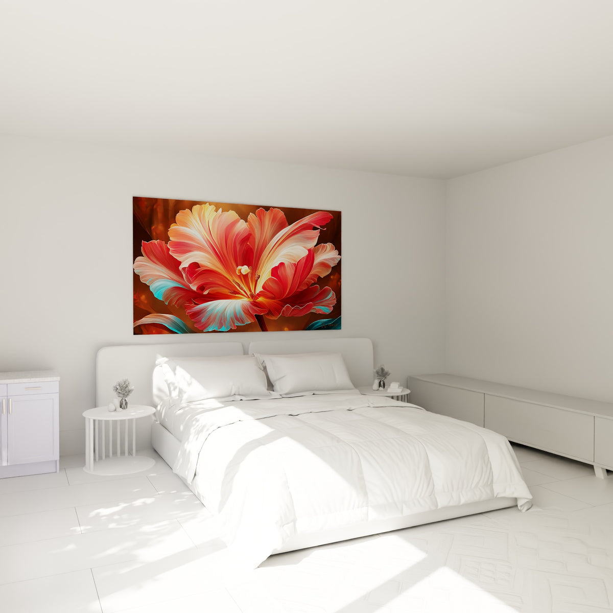 Tulipe rouge et dorée aux reflets turquoise, accrochée au-dessus d'un lit dans une chambre claire