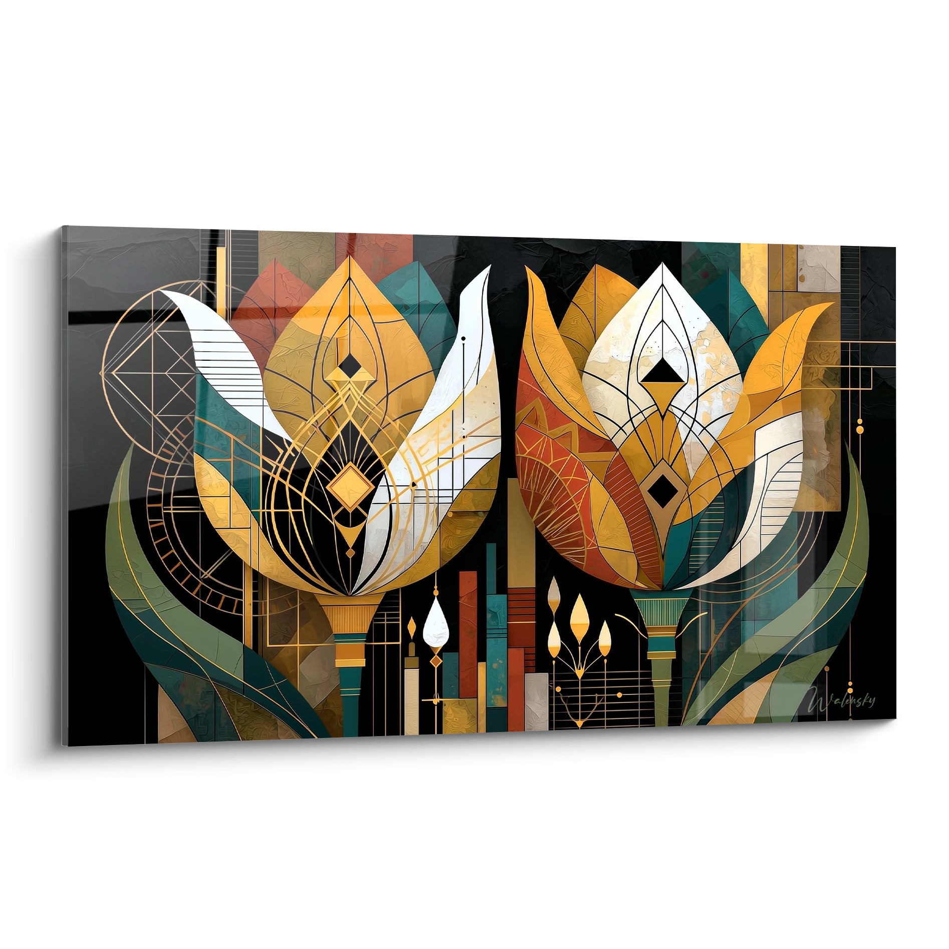 Tulipes dorées géométriques se dressant en miroir sur fond anthracite et terracotta, style art déco