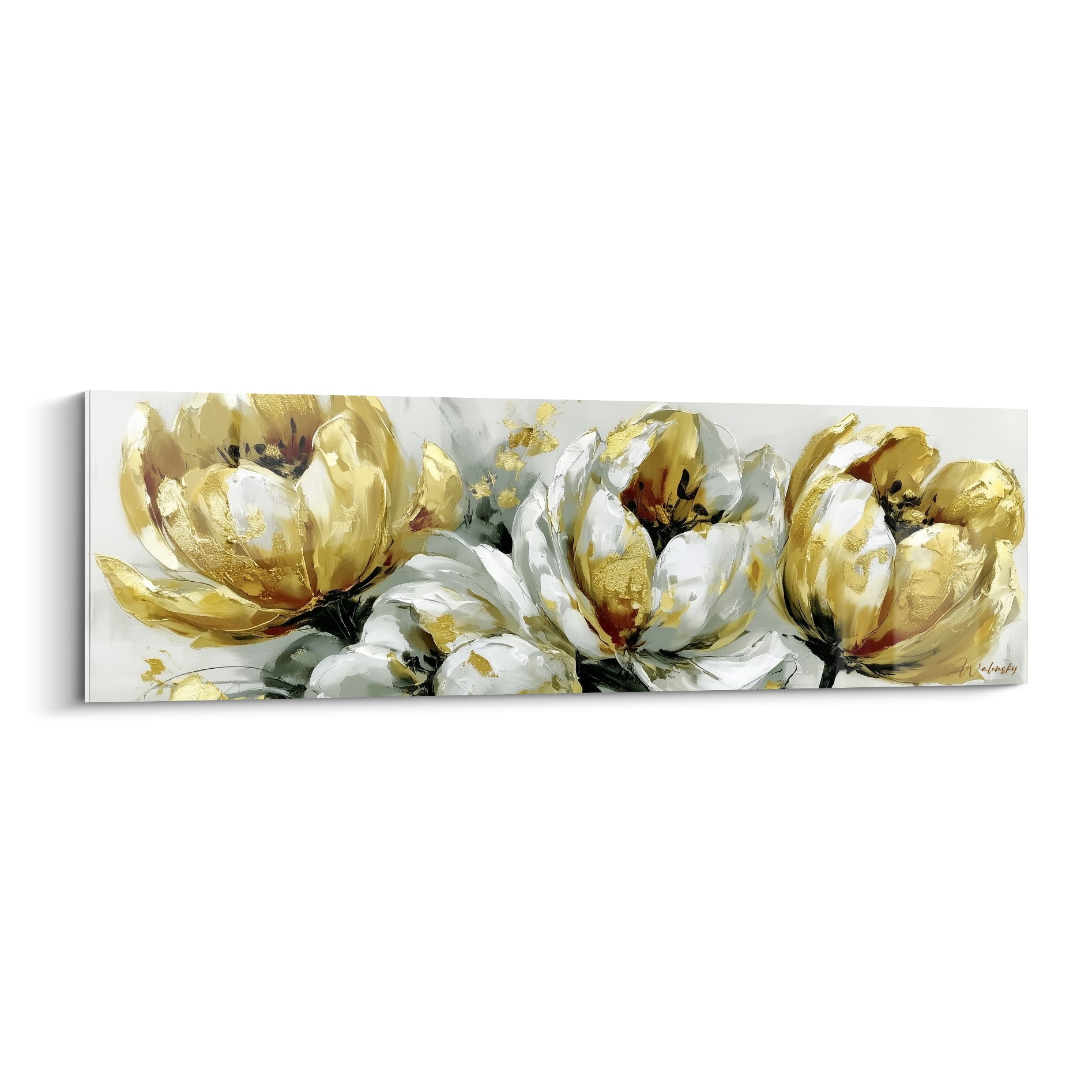 Tulipes dorées et blanches en pleine éclosion, pétales texturés sur fond gris clair moucheté d'or