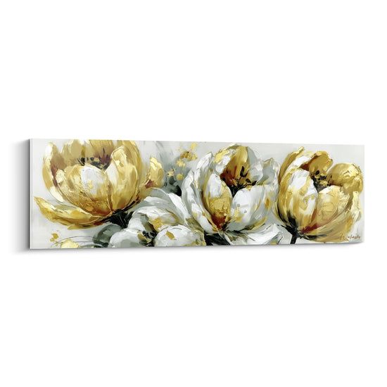 Tulipes dorées et blanches en pleine éclosion, pétales texturés sur fond gris clair moucheté d'or