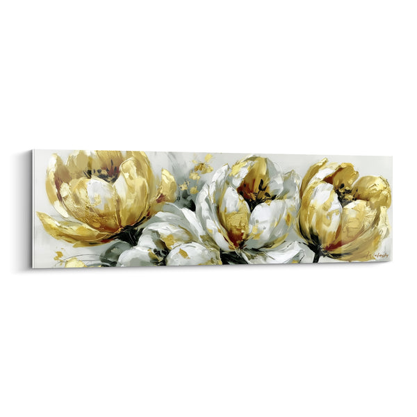 Tableau Tulipes blanches et dorées en rangée horizontale - Éclaboussures ocre dispersées - Edition Tulipe