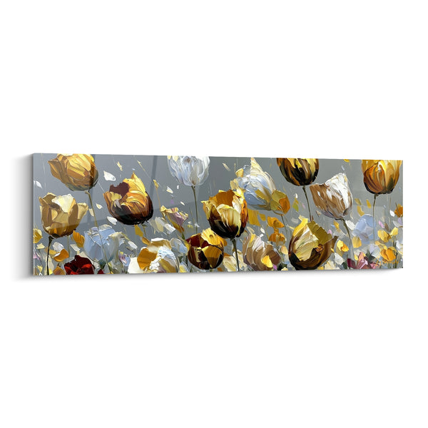 Tableau Tulipes ambrées et blanches sous pétales envolés - Rangée florale panoramique - Edition Tulipe