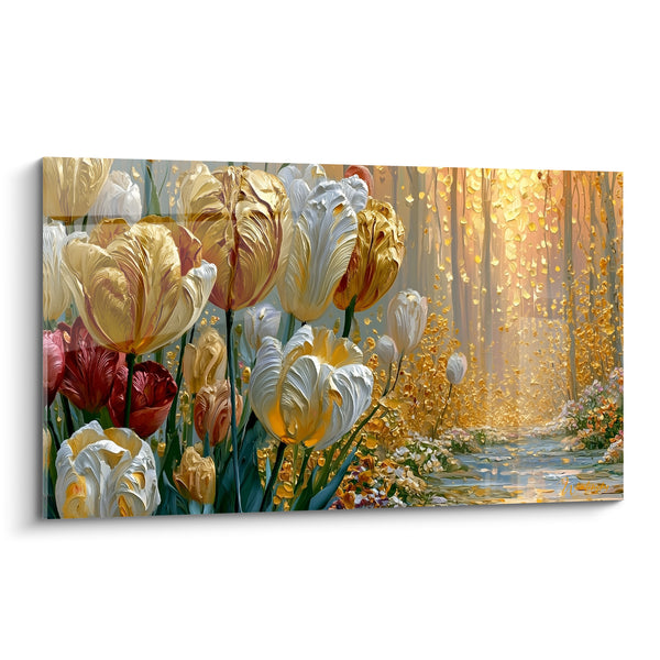 White and Gold Tulips Painting by a Bright Stream - Sparkling Path in the Forest - Tulip Edition