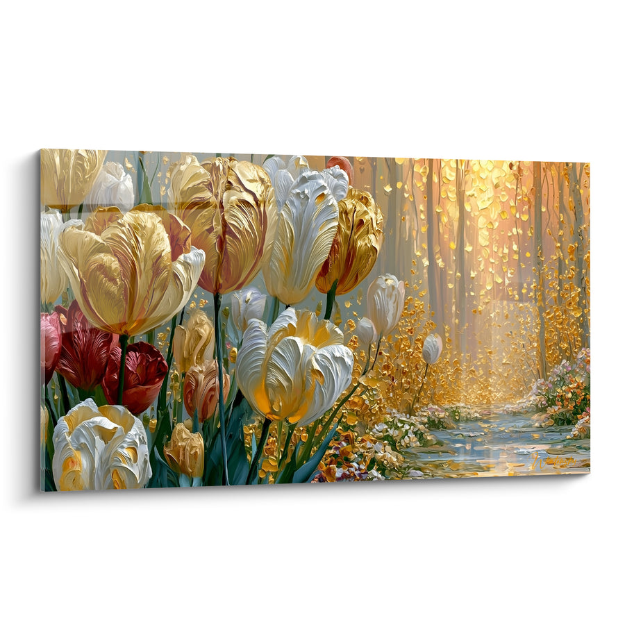 Tableau Tulipes blanches et dorées près d'un ruisseau lumineux - Sentier scintillant en forêt - Edition Tulipe