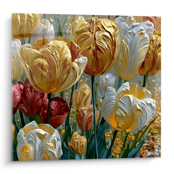 Tableau Tulipes blanches et dorées aux pétales sculptés - Bouquet dense en gros plan - Edition Tulipe