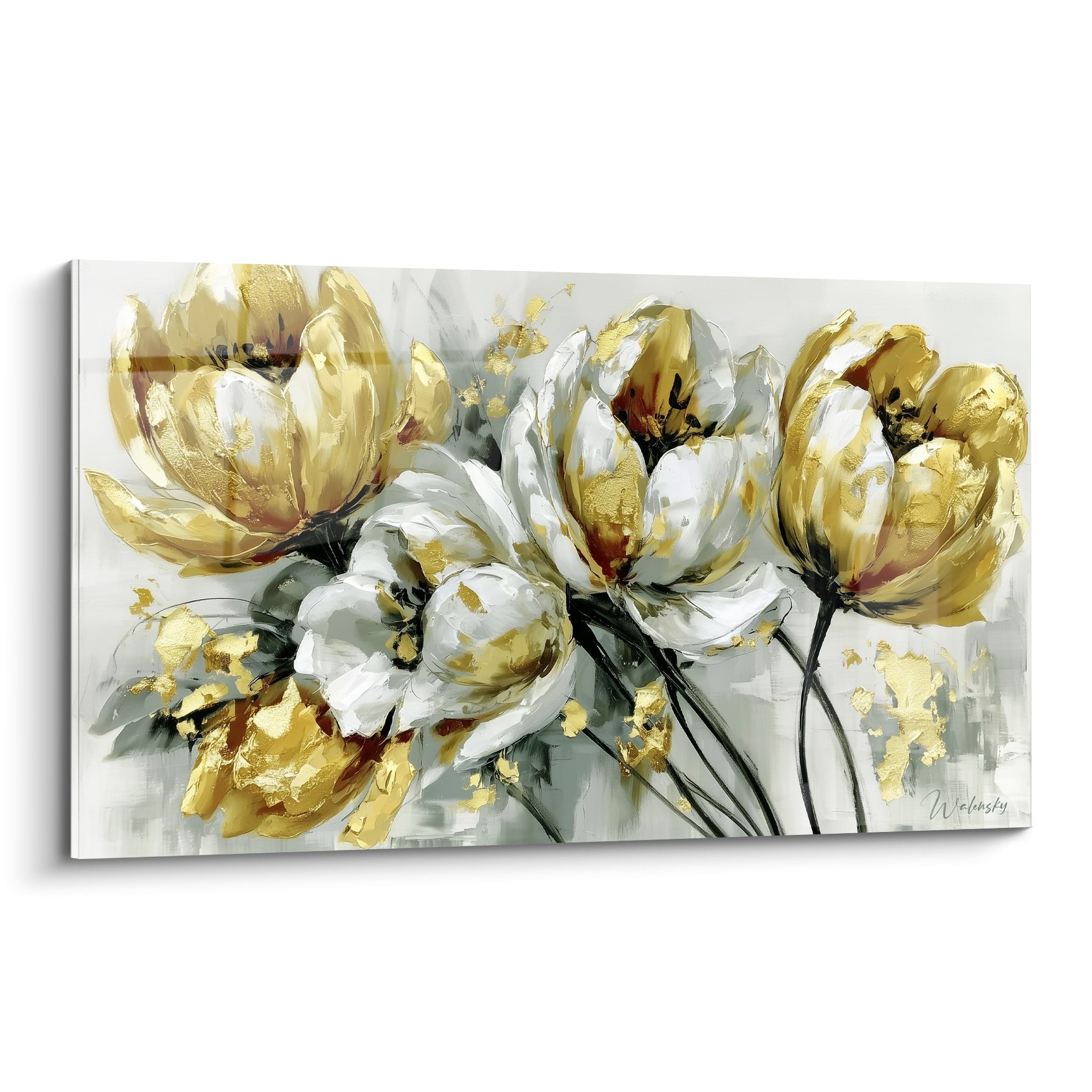Tulipes dorées et blanches aux tiges anthracite, peinture à empâtements sur fond gris perle