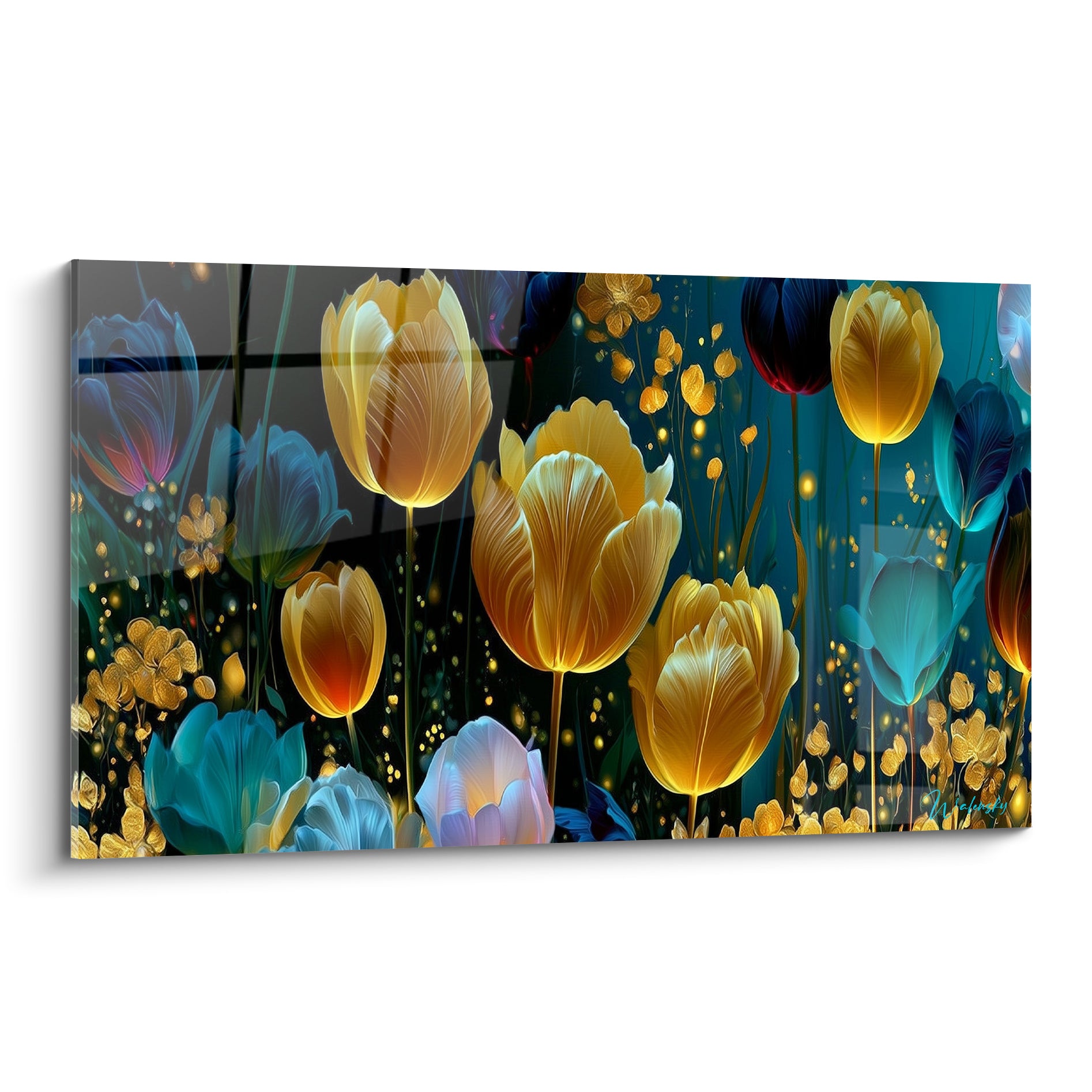 Tulipes dorées lumineuses se détachant sur un fond bleu marine profond parsemé de reflets turquoise