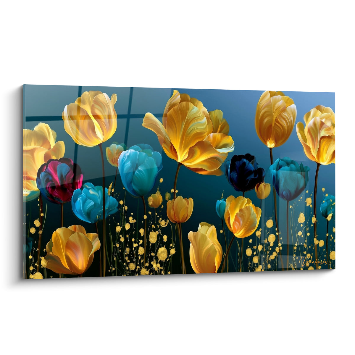 Tulipes dorées et bleu marine aux pétales lumineux, entourées de points dorés scintillants