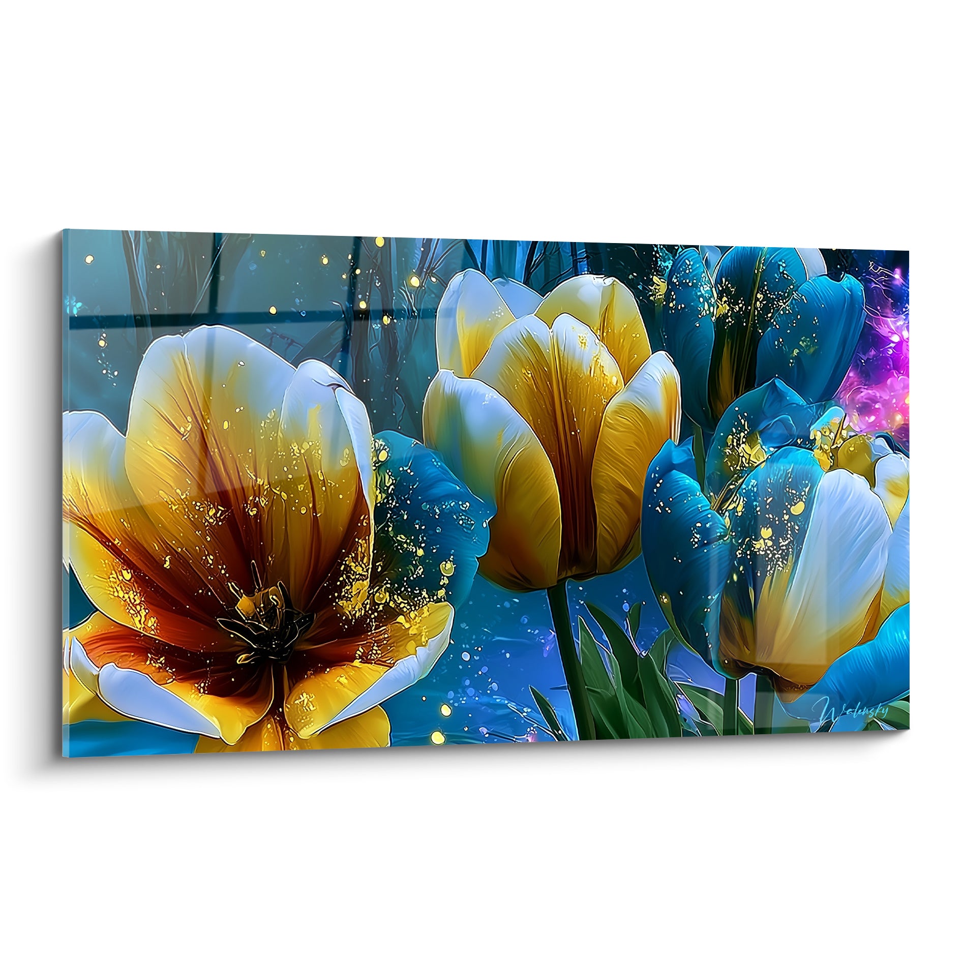 Tulipes dorées et bleu nuit ouvertes en pleine floraison, pétales veinés d'ambre et d'or scintillant