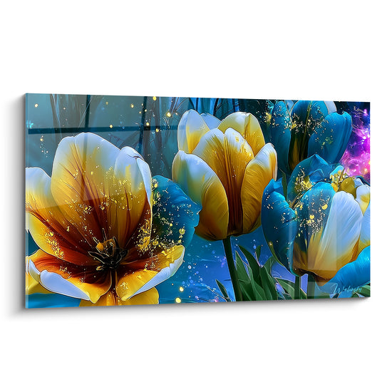 Tulipes dorées et bleu nuit ouvertes en pleine floraison, pétales veinés d'ambre et d'or scintillant