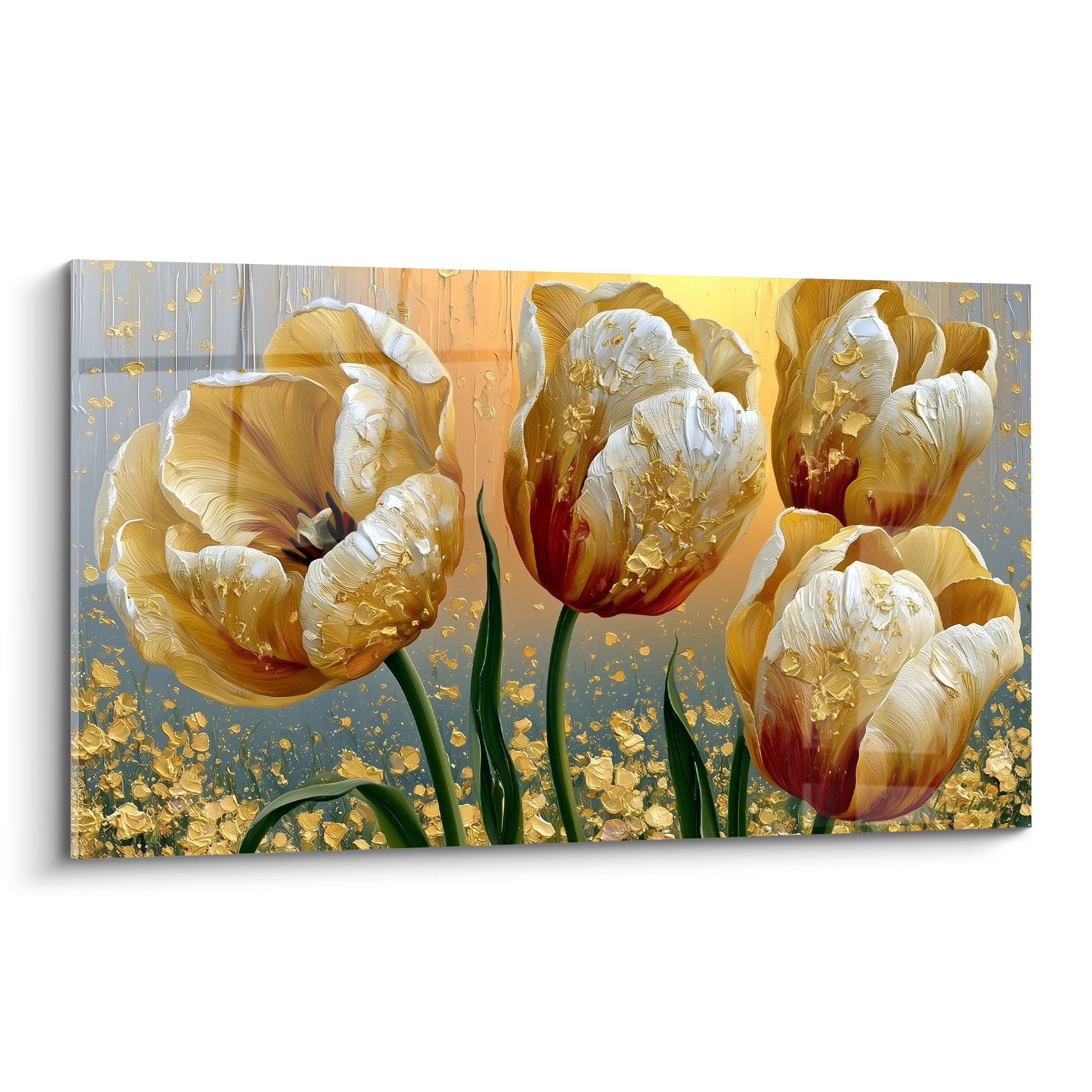 Tulipes dorées aux pétales veloutés et striures bordeaux sur fond gris anthracite texturé