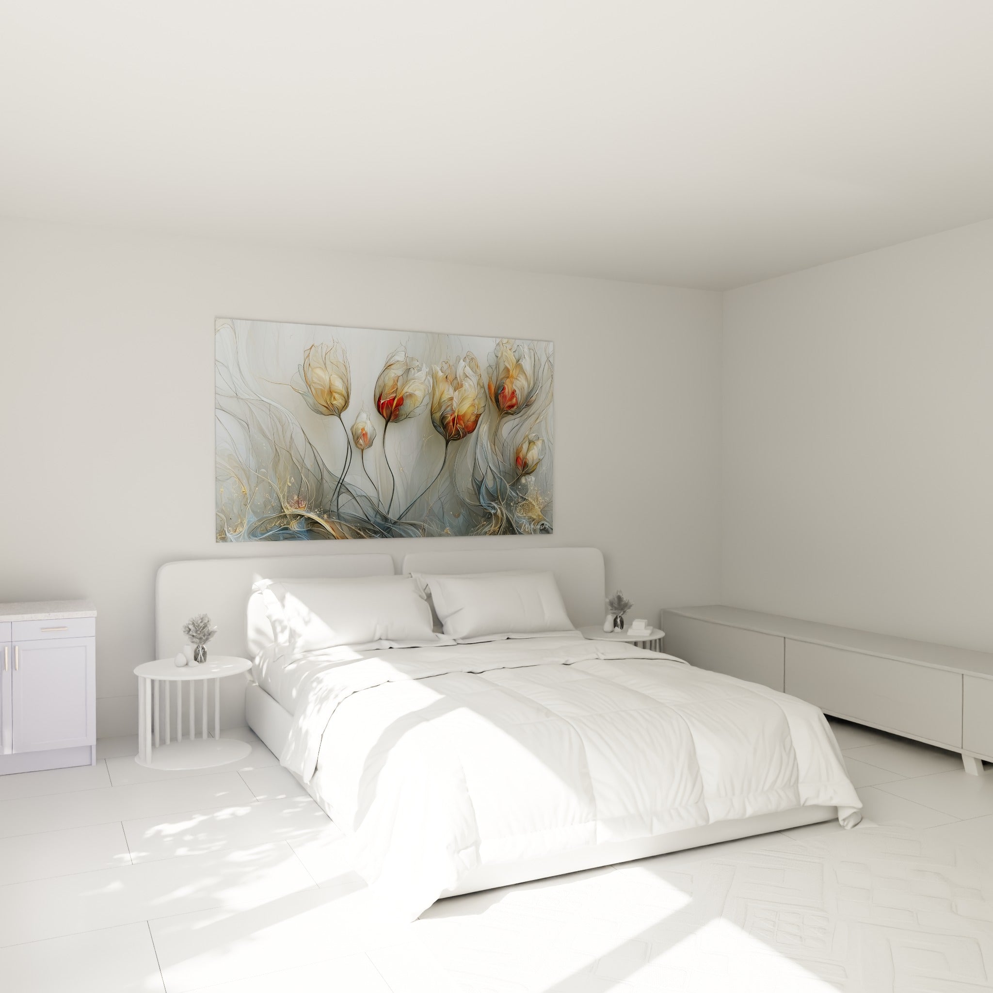 Fleurs de tulipe dorées et ivoire, cœurs orangés délicats, au-dessus d'un lit dans une chambre claire