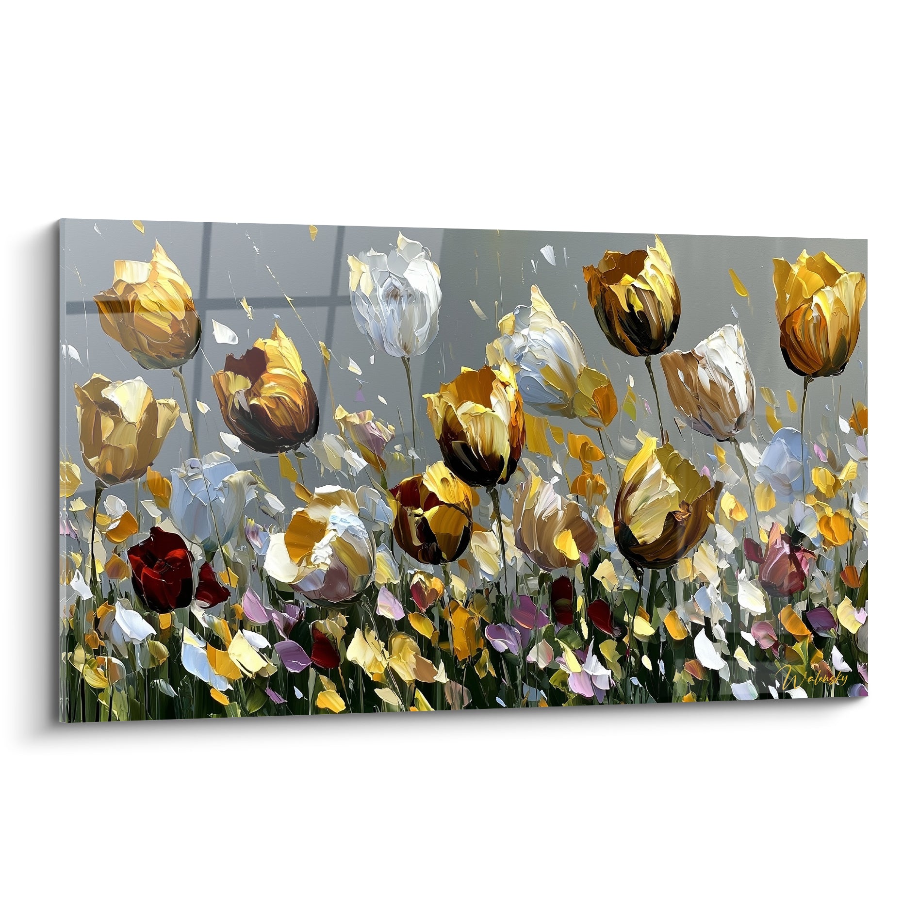 Tulipes dorées, blanches et bordeaux peintes au couteau sur fond gris argenté texturé