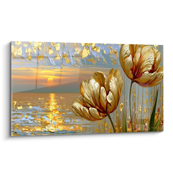 Tulipes dorées et bordeaux se dressent devant un coucher de soleil orangé sur une mer bleu ciel scintillante