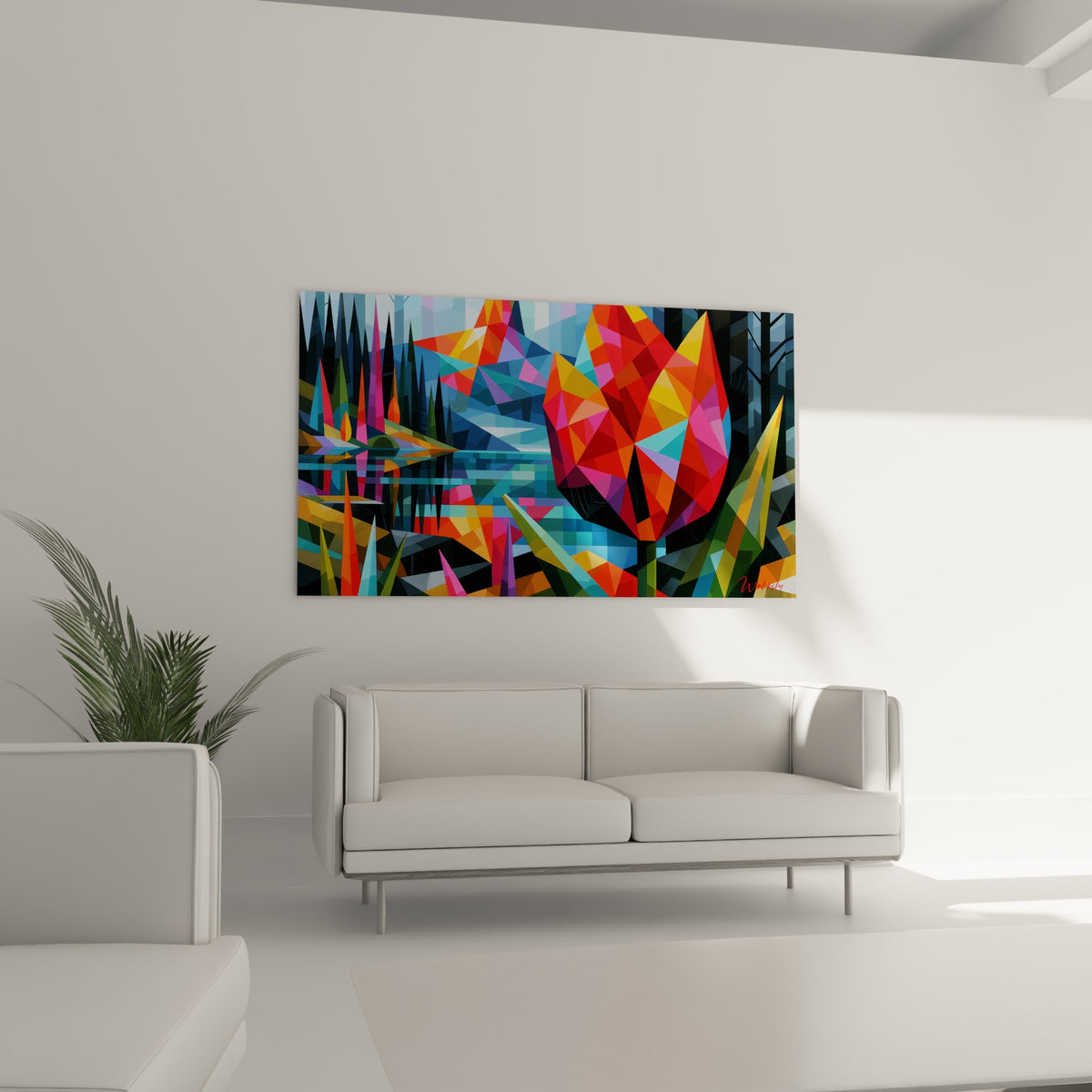 Composition tulipe rouge et doré aux formes triangulaires au-dessus d'un canapé dans un salon lumineux