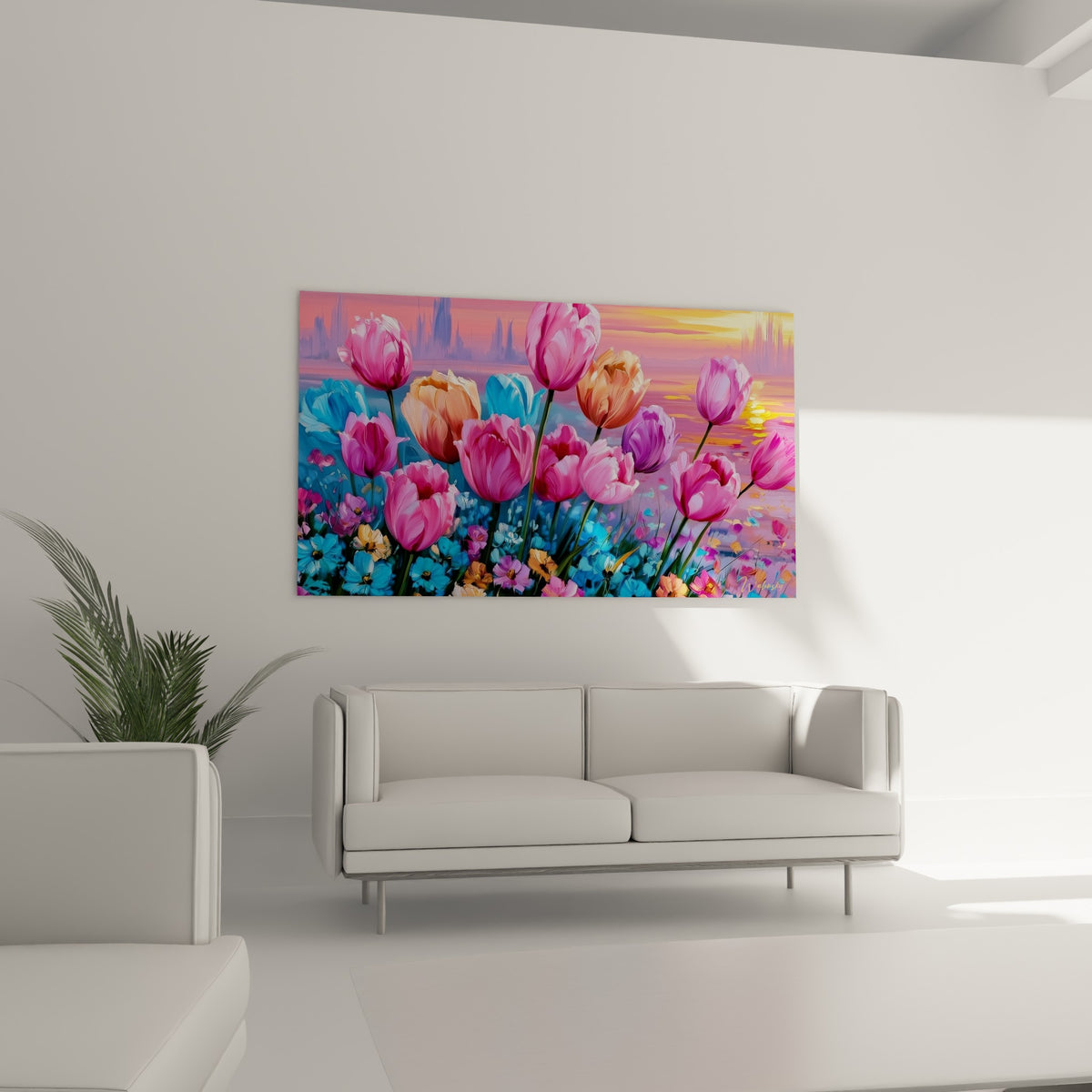 Tulipes fuchsia et bleu pastel affichées au-dessus d'un canapé dans un salon lumineux