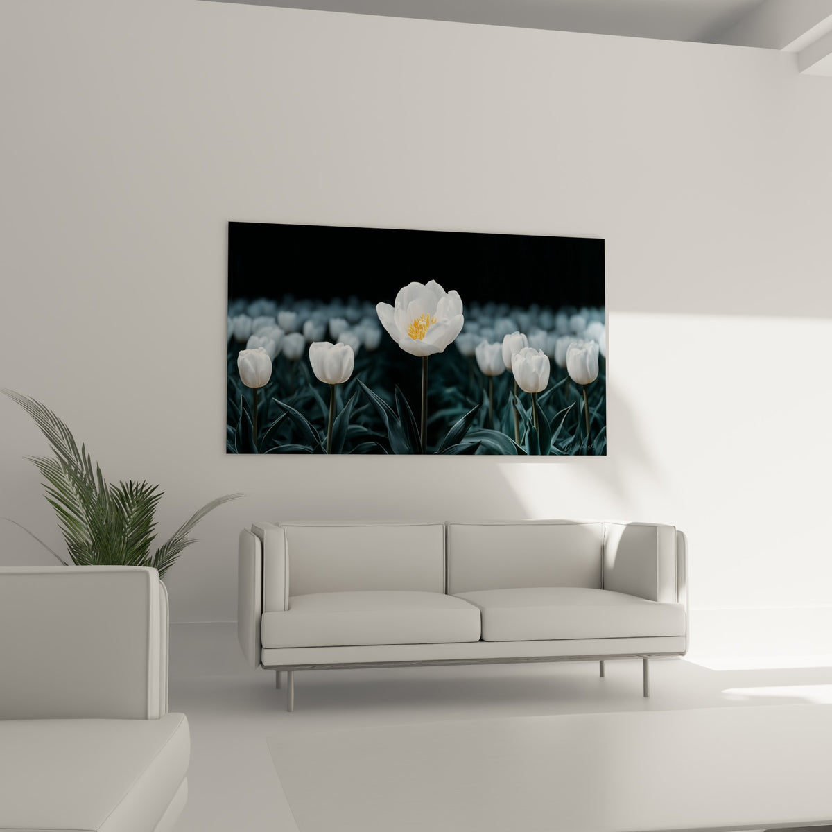 Pétales blancs immaculés et cœur orangé dominent un canapé dans un salon lumineux
