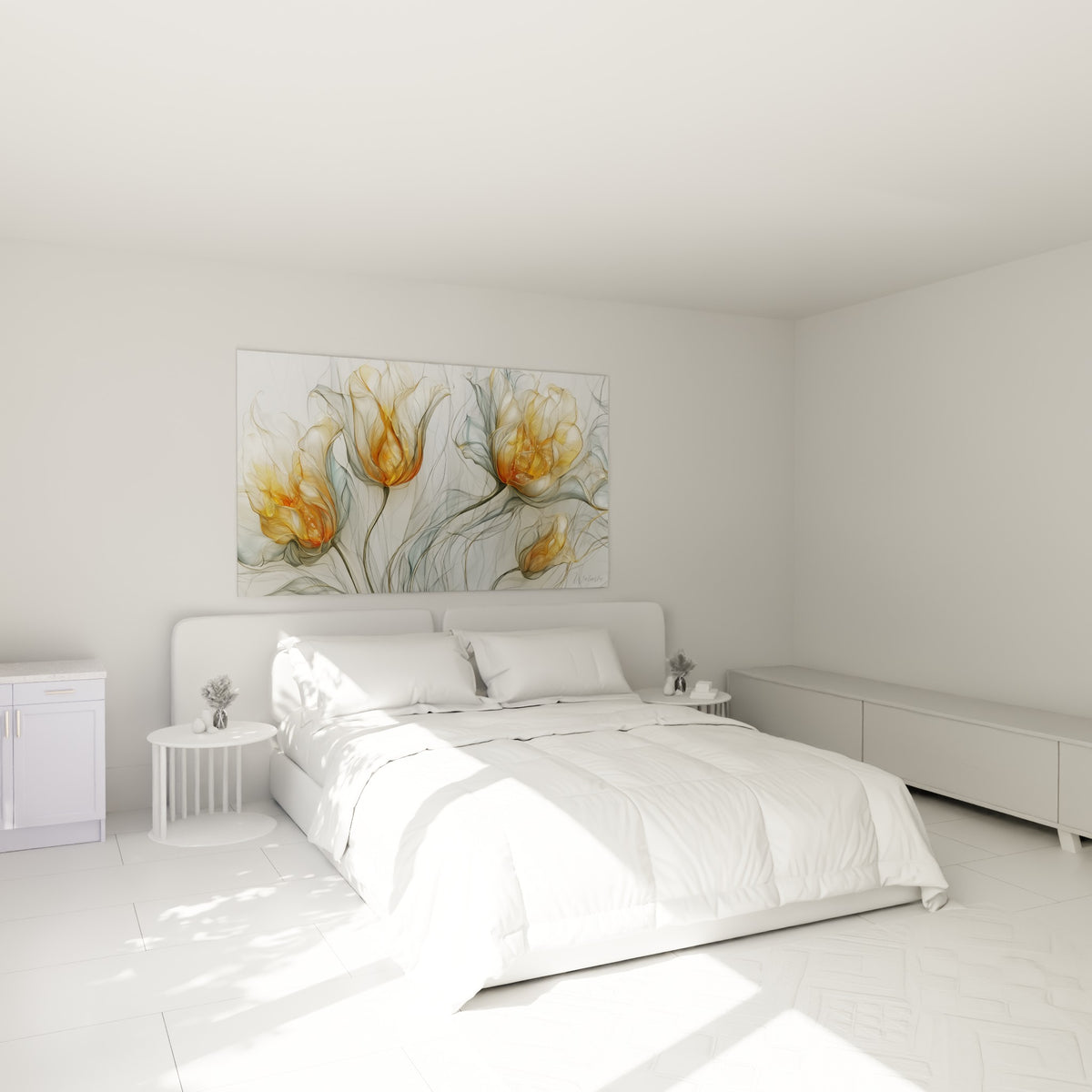 Pétales dorés et sauge se déploient en fines nervures translucides au-dessus d'un lit dans une chambre claire