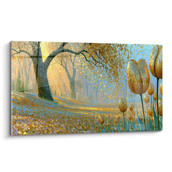 Tableau Tulipes dorées et bleues sous grand arbre lumineux - Sous bois enchanté - Edition Tulipe