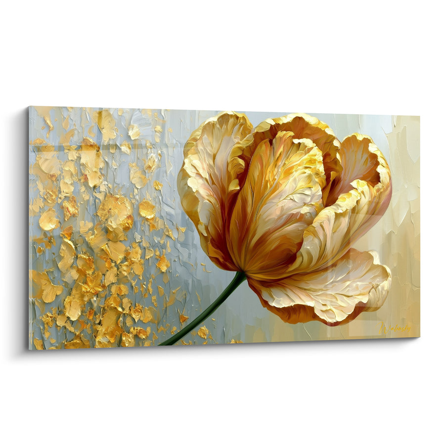 Tableau Tulipe ambrée et dorée aux éclats de peinture - Pétales texturés au couteau - Edition Tulipe