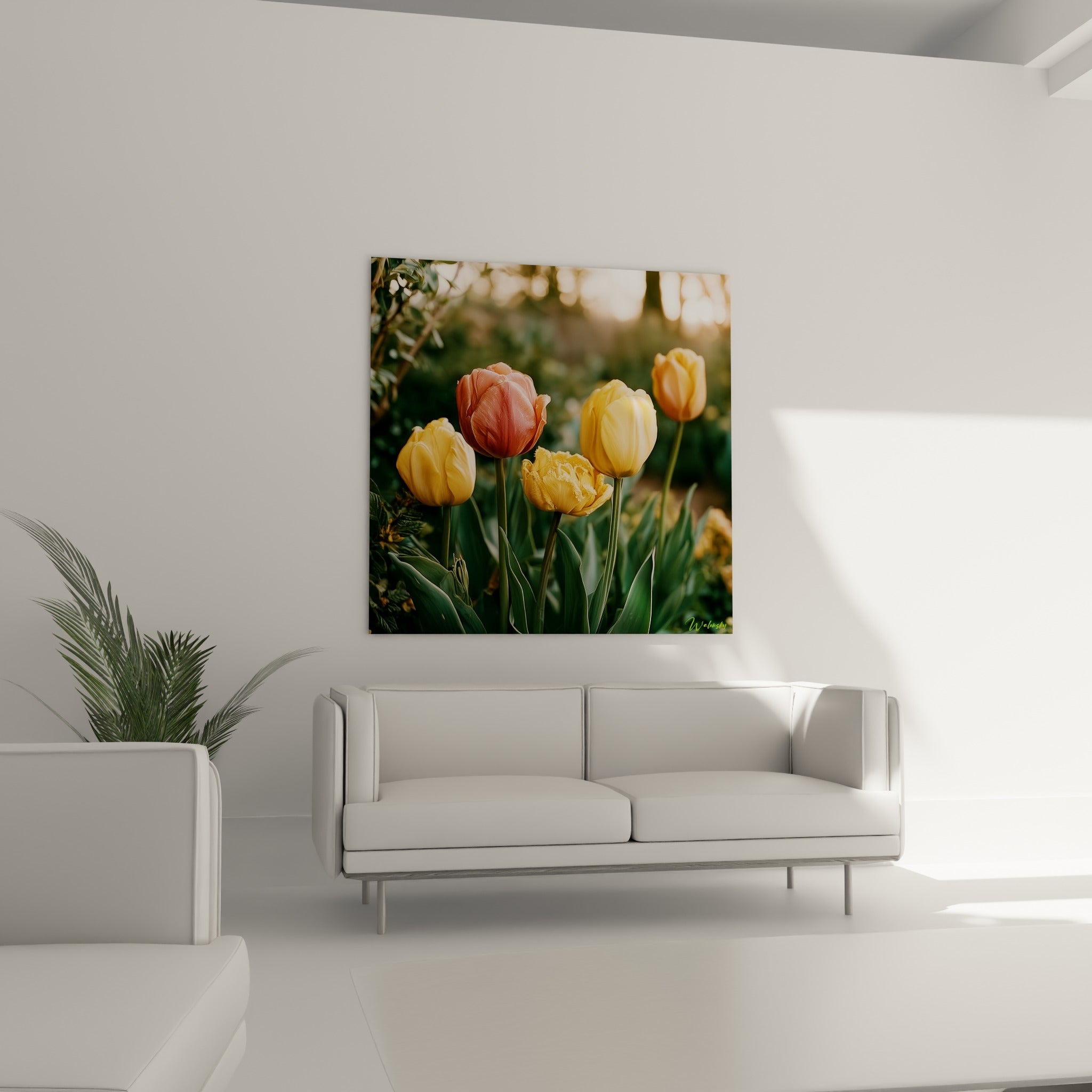 Fleurs de tulipe jaune et rose éclairées par une lumière chaude, au-dessus d'un canapé dans un salon lumineux
