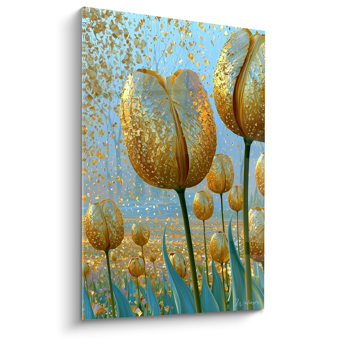 Tulipe dorée aux pétales mouchetés se dresse sur fond bleu ciel scintillant, style graphique éclatant