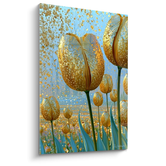 Tableau Tulipes dorées et bleues aux pétales mouchetés - Champ scintillant - Edition Tulipe