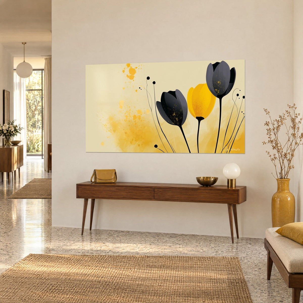 Wall art graphic flowers in slate grey and sunshine yellow on a cream background, golden specks, above a wooden console