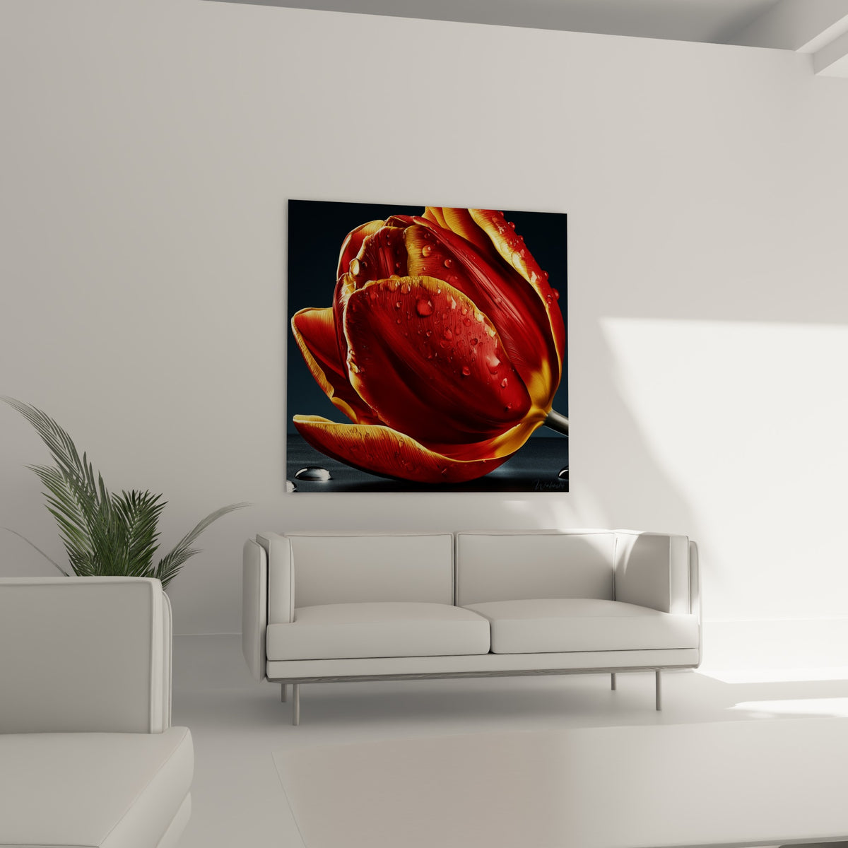 Fleur écarlate et dorée d'une tulipe couverte de rosée au-dessus d'un canapé dans un salon lumineux