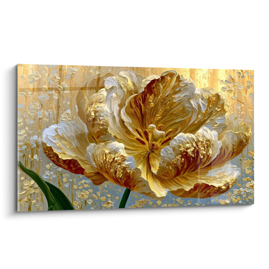 Tulipe dorée aux pétales veloutés blanc crème et or, fond de fleurs scintillantes